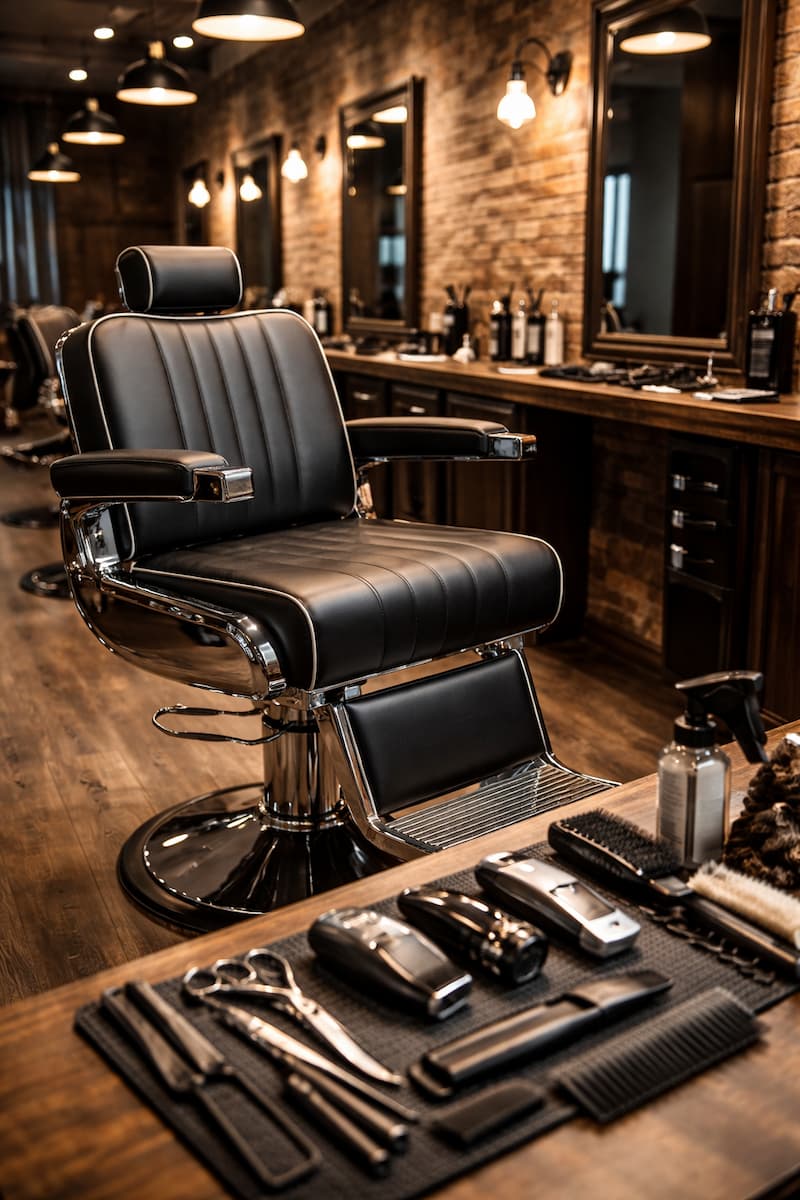 Sillón de barbería y herramientas sobre una mesa