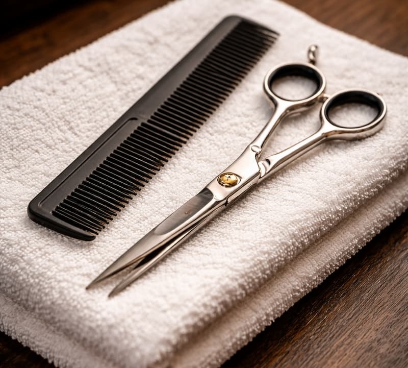 Peine y tijeras sobre una toalla